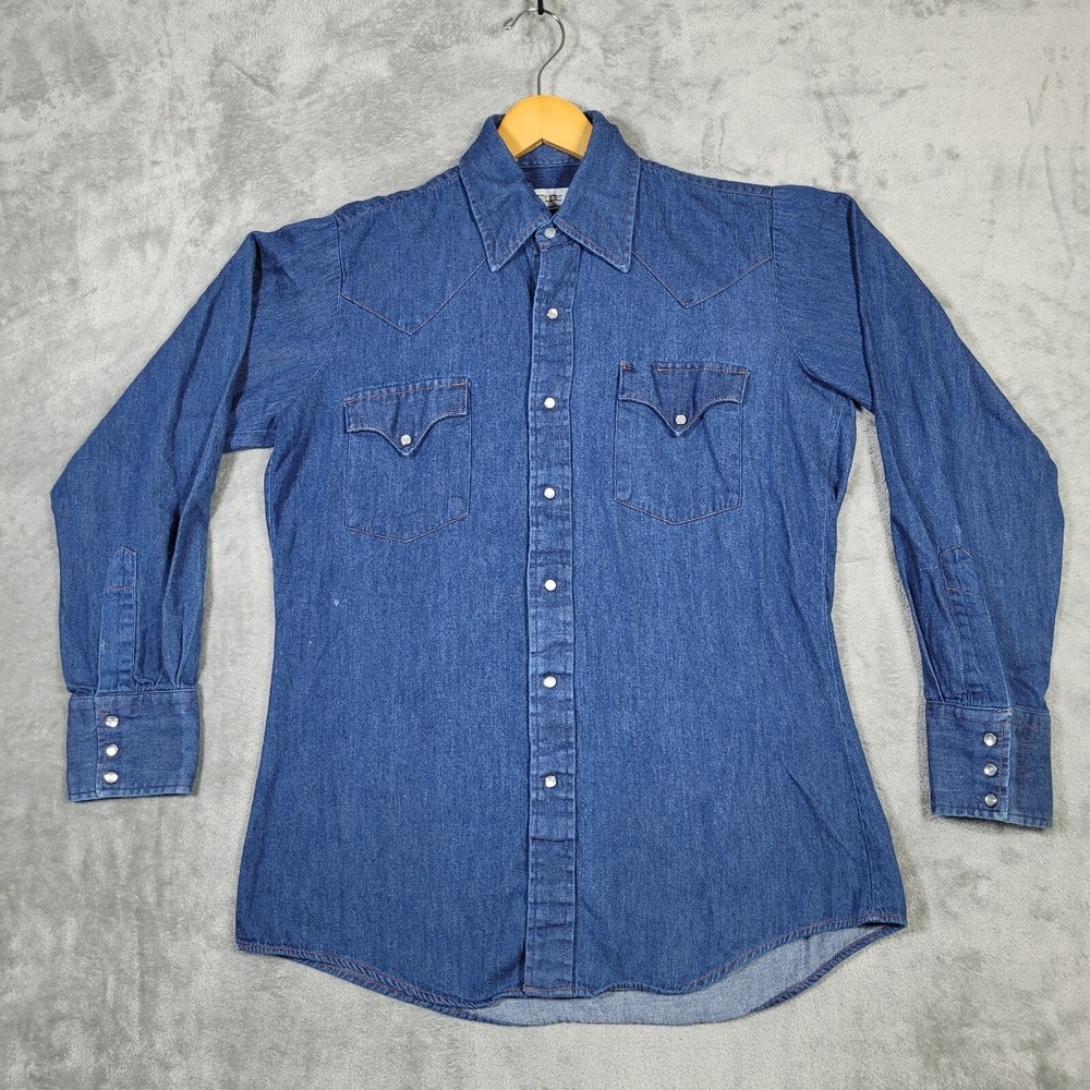 Vintage Sheplers Shirt Mens Medium Denim Pearl Snap Western Long Sleeve Rodeo